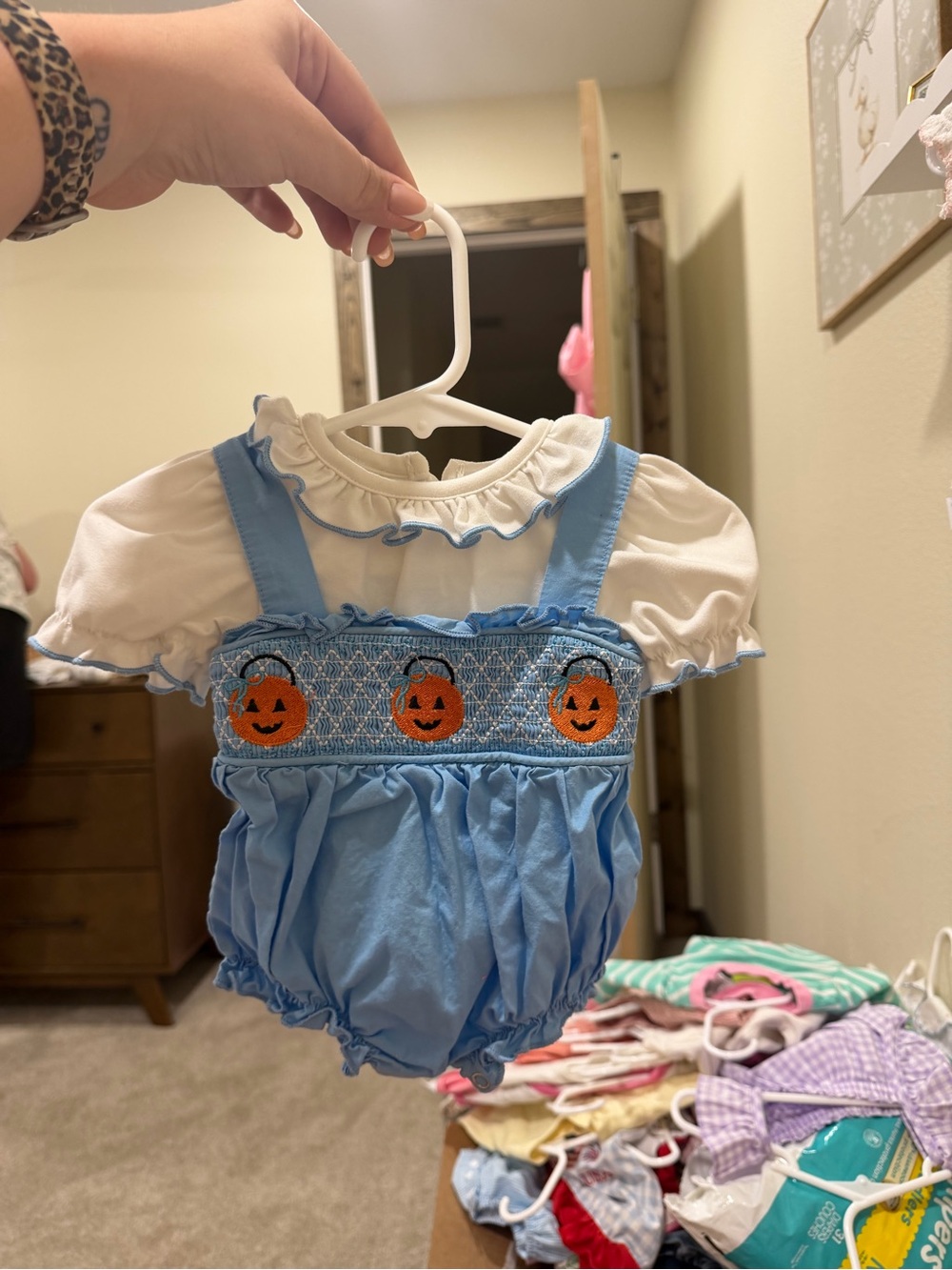 Infant Light Blue Pumpkin Smocked Halloween Romper